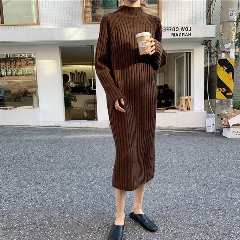 Robe longue en Fiber de Polyester, ample, coupe droite, longueur aux genoux, nouveau Style, épaisse, col mi-haut, manches longues, automne hiver