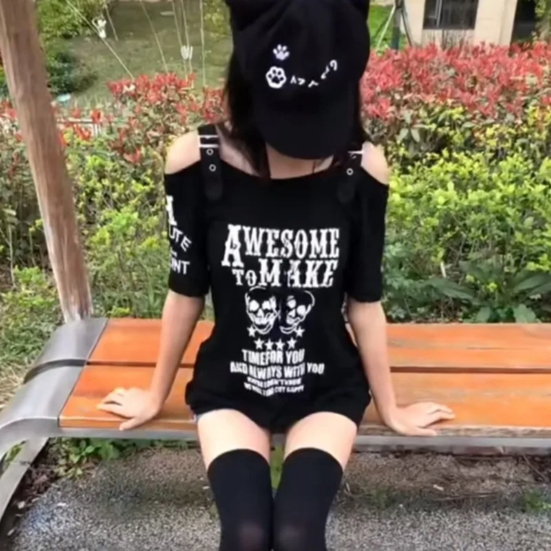 

Oversize Y2k Punk Skull Letter Print T-shirts Dresses Off Shoulder Short Sleeve Dress 2025 Summer New Slim Fit Vestidos Mujer
