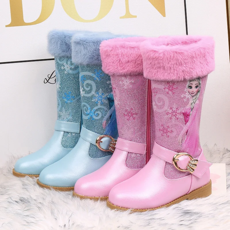 Disney Girls High Heel Boots Winter Children\'s Long Sleeved Plush Snow Warm Boots Princess Elsa Pink Blue Boots Size 26-37