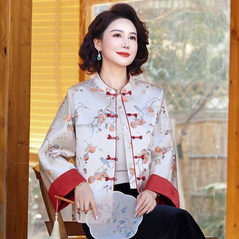 

Элегантное пальто в китайском стиле с воротником-стойкой и застежкой на пуговицах, весенне-осеннее, новое, свободного кроя, в стиле ретро, с цветочным принтом