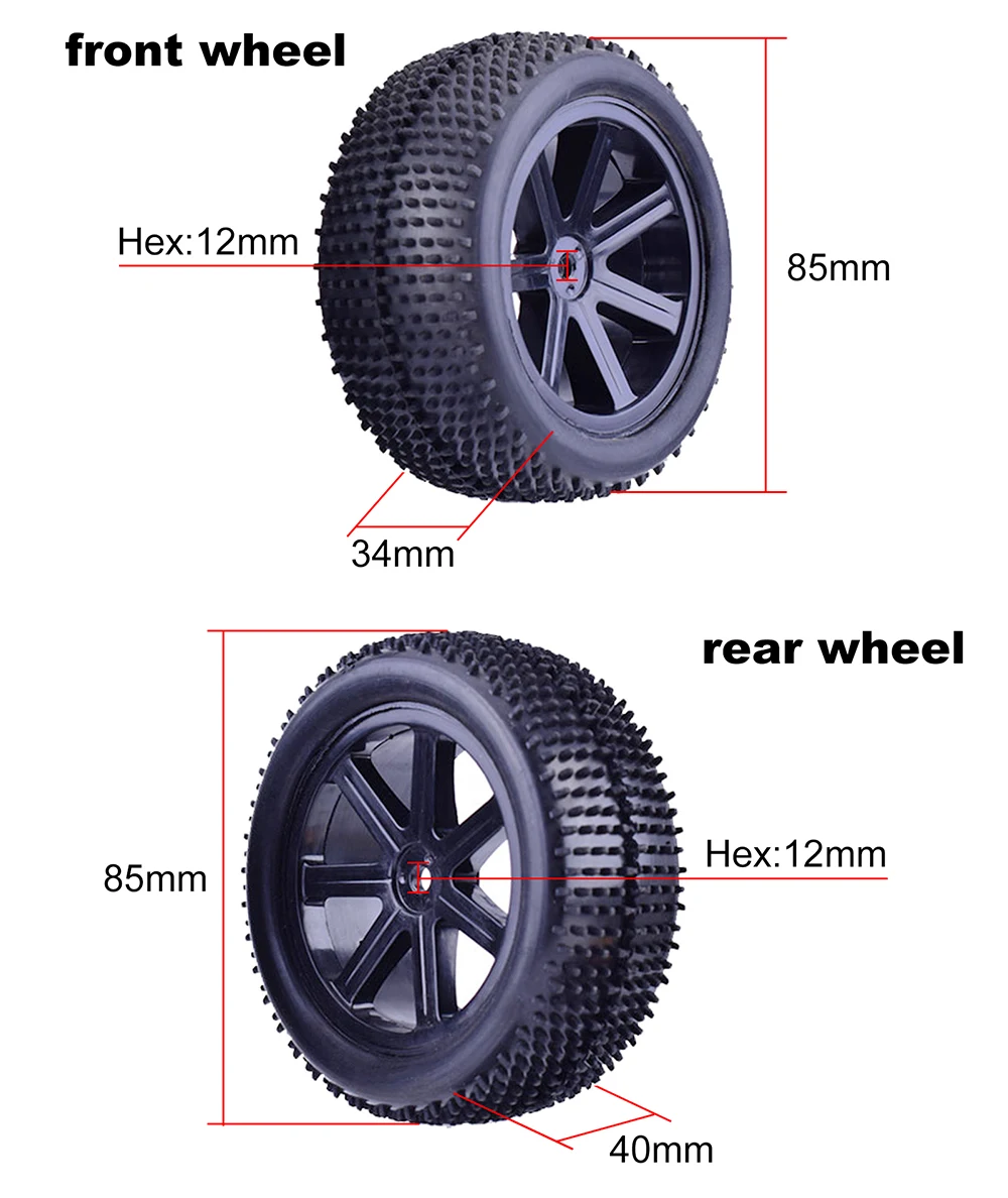 4Pcs ZD Racing 85mm Wheel Hub Rim & Rubber Tires For 1/10 Off-Road RC Car Buggy