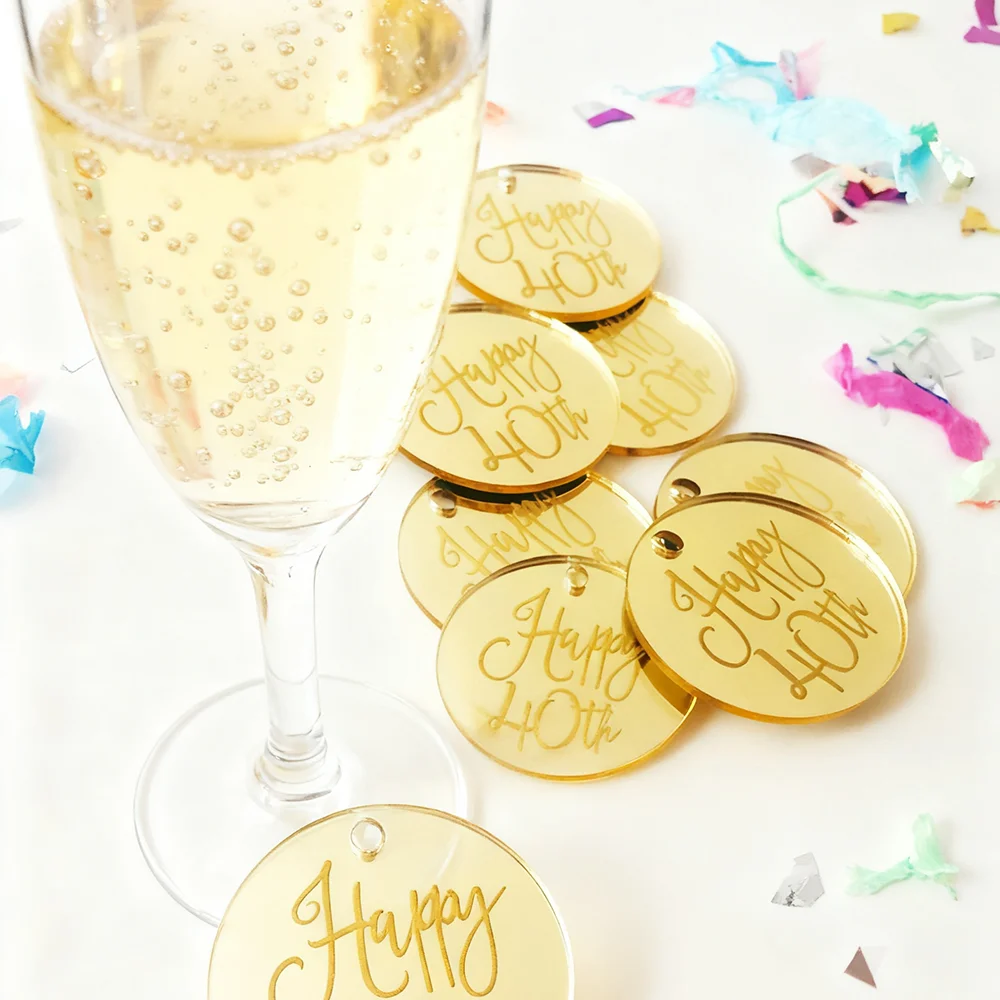 10 قطعة 5 سنتيمتر سعيد 40th محفورة مرآة الاكريليك هدية العلامات حفلة عيد ميلاد إمدادات رائعة الديكور كأس للنبيذ التسمية صديق المفضلة #4