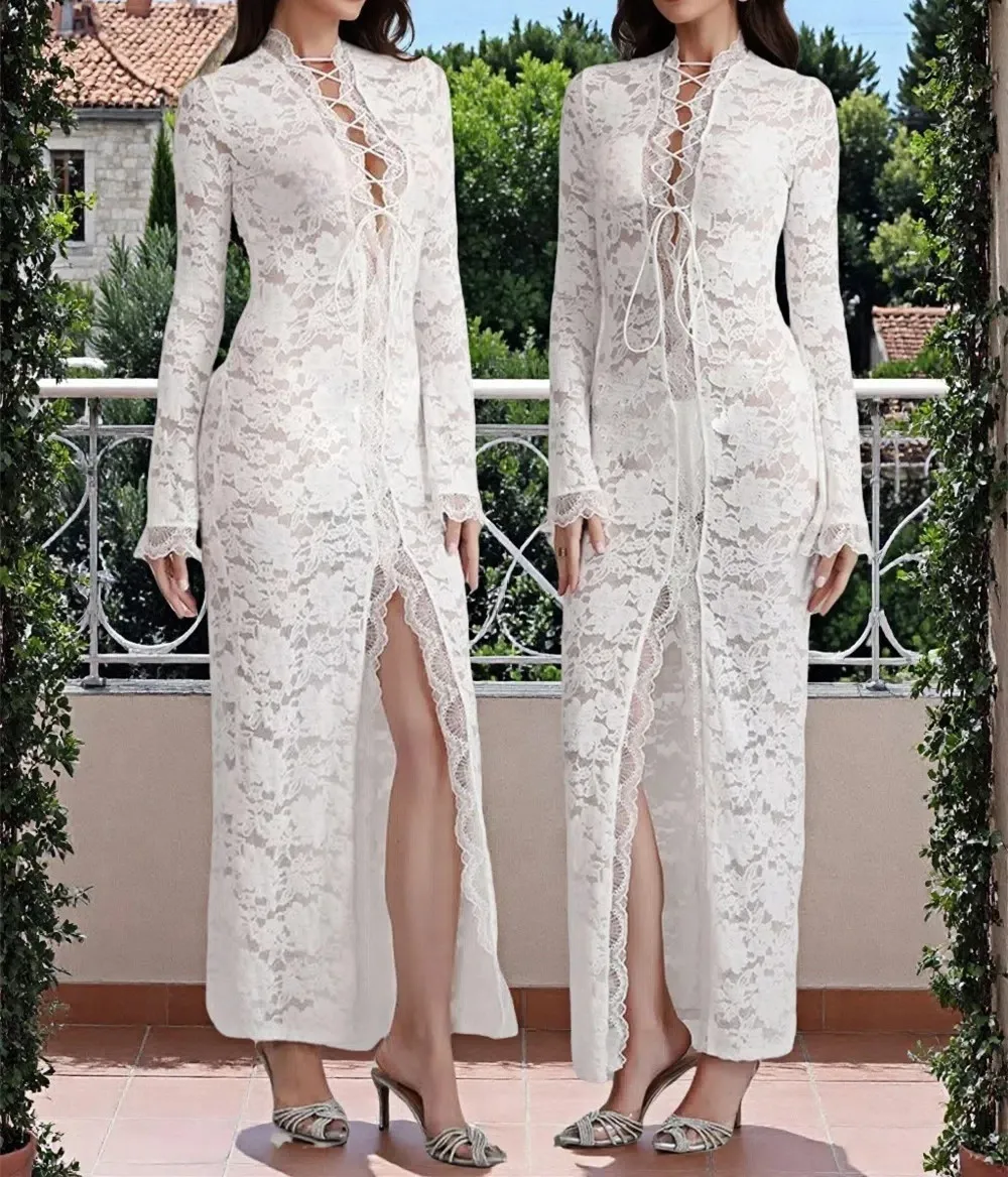 Abito sexy alla caviglia con scollo a V a maniche lunghe di nuova moda con lacci tinta unita slim fit tubino in pizzo trasparente con spacco per le donne