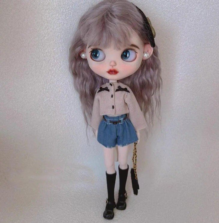 Fashion style 2pcs Blythe clothes blythe doll outfit Knitted cardigan/short Jean1/6 30cm anime girl (Fit for Pullip,Ob24, Licca)