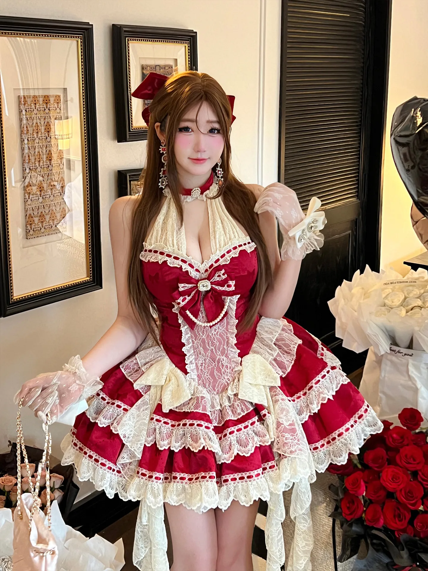 Świąteczna Czerwona Urocza Słodka Sukienka na Ramiączkach Atmosfera Urodzinowa Sukienka dla Dorosłych Sukienka na Uroczystość Wykwintna Zabawna Sukienka Bez Rękawów Krótka Sukienka