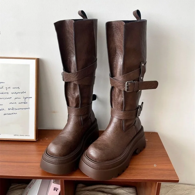 Autumn/Winter Brown-Black Leather Belt Buckle Over-the-Knee Boots-Retro Chunky Heel Height-Boosting Mid-Length Riding Boots image 5
