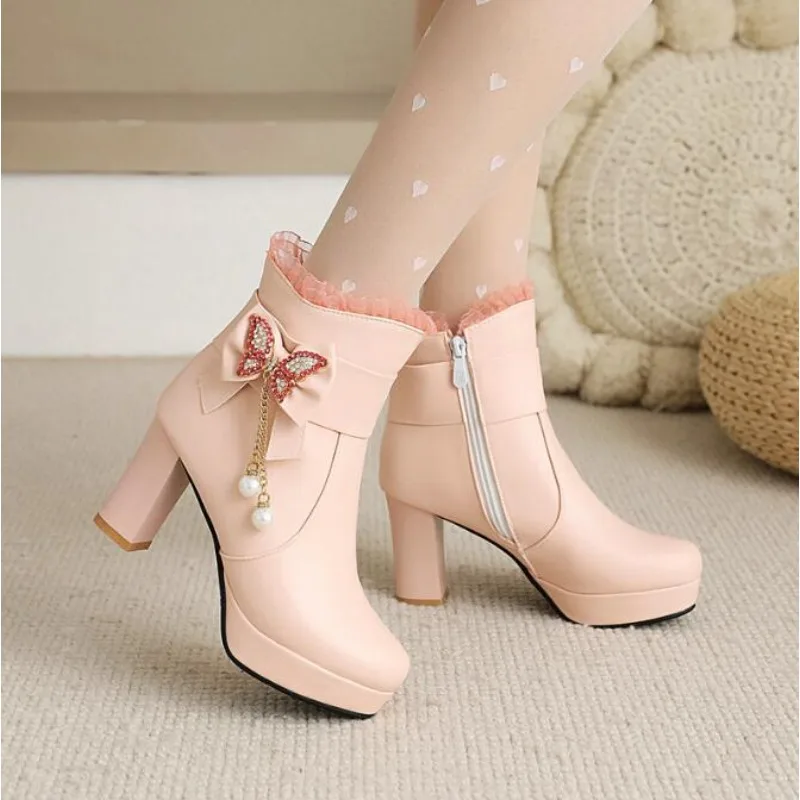 

Girls' Shoes Fashion Ankle Boots For Women High Heels Sweet Bow Booties Platform PU Leather Wedding Party Shoes Woman Large Size