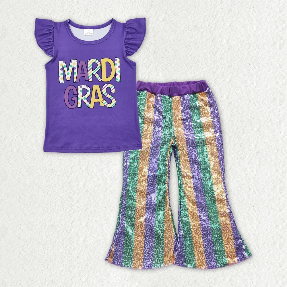 Wholesale Toddler Children Short Sleeves Purple Shirt Kids Stripes Sequins Bell Bottom Pants Mardi Gras Set Baby Girl Outfit