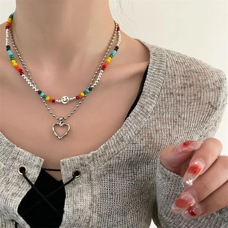 New Light Luxury Long Necklace Exquisite Temperament Double-Layer Smile Face Heart Necklace Women Collarbone Chain Colorful Bead