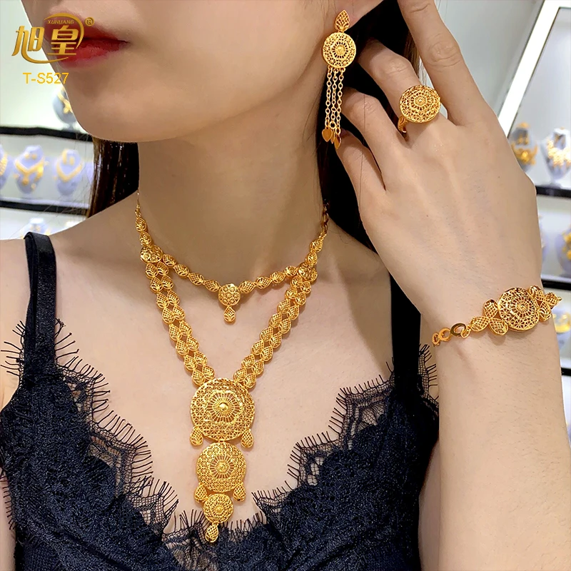 XUHUANG African Big Luxury 4PCS Dubai Gold Color Jewelry Necklace Sets For Women Bridal Wedding Sets 2024 Trend Jewellery Gifts