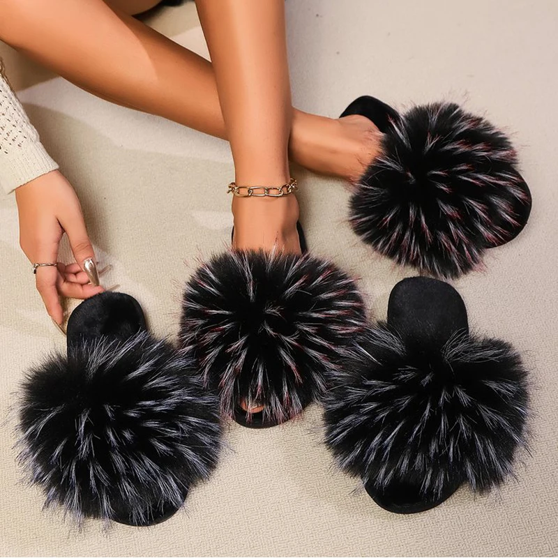 Luxury Two-Tone Long Hair Fur Slides Woman Winter Open Toe Fluffy Plush Slippers Ladies Warm Furry Indoor Floor Cotton Shoes