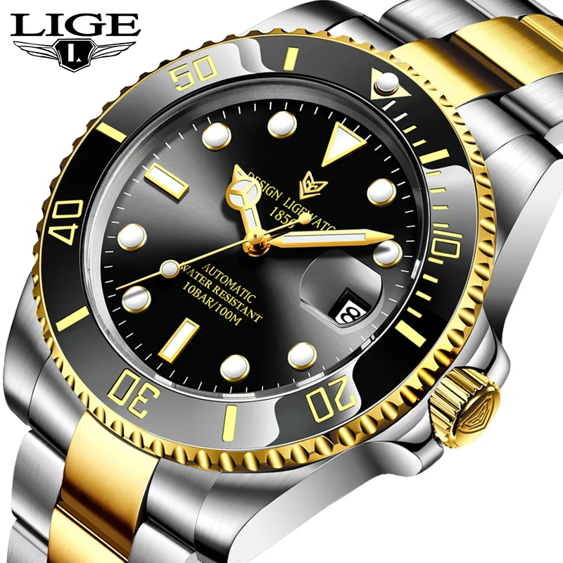 LIGE Luxury Mechanical Men Watch Business Stainless Automatic Wristwatch Ceramic Bezel GMT Dive Watch for Man Reloj Hombre+Box