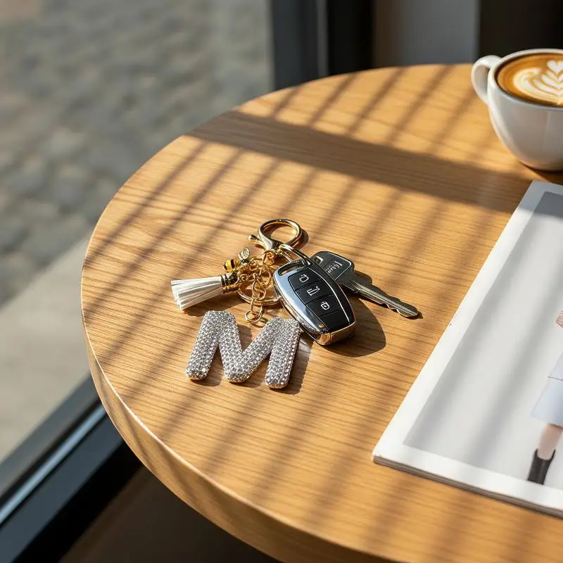 Glitzernder Strass-Schlüsselanhänger mit A-Z-Initialen, niedlicher Bienen-Anhänger, Quasten-Dekoration, personalisierte Geschenke für Autoschlüssel und Taschen – Detail 3