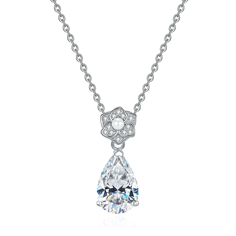 

4CT mozzarella diamond 8x12mm pear-shaped water drop necklace women's s925 sterling silver camellia pendant