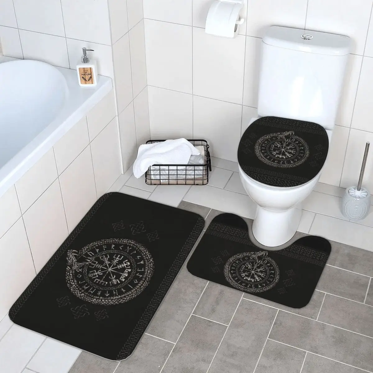 

Vegvisir With Ouroboros And Runes Viking 3 Pcs Bath Mat Bathroom Set Toilet Lid Cover Home Decor Non-Slip Carpet Floor Rug