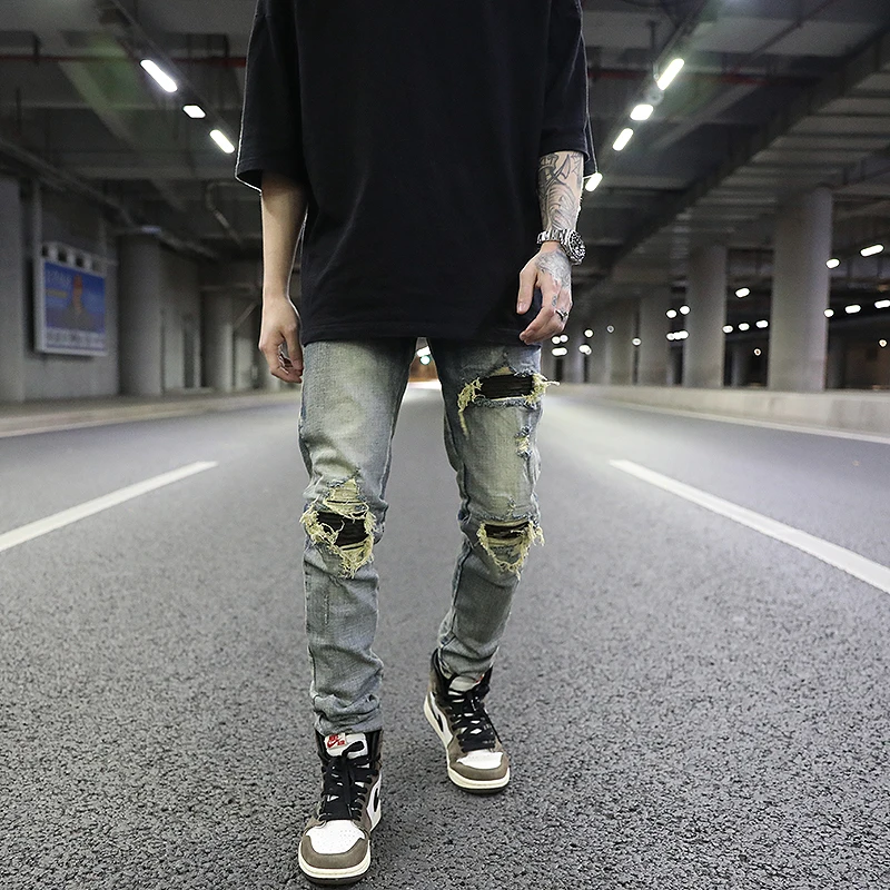 High Street Washed and Worn 3D Cutting Ripped Camouflage Patch  Fit Skinny Jeans for Men