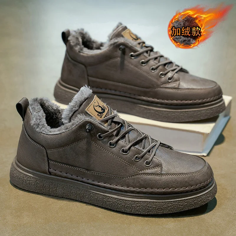 

Мужские повседневные кожаные ботинки, новые зимние уличные утепленные плюшевые ботинки, водонепроницаемые, нескользящие, с увеличенной высотой подошвы, короткие ботинки