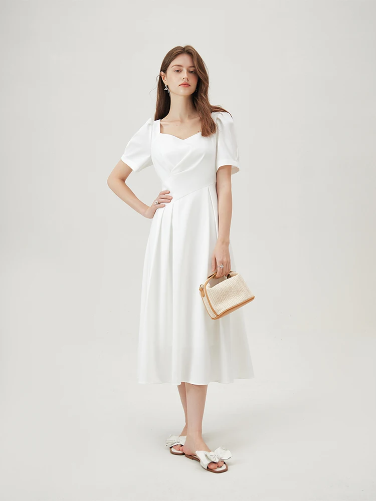 FSLE French Style Square Neck Long Dress For Women 2024 Summer New Holiday Casual All-Match White Dress Women 24FS12421