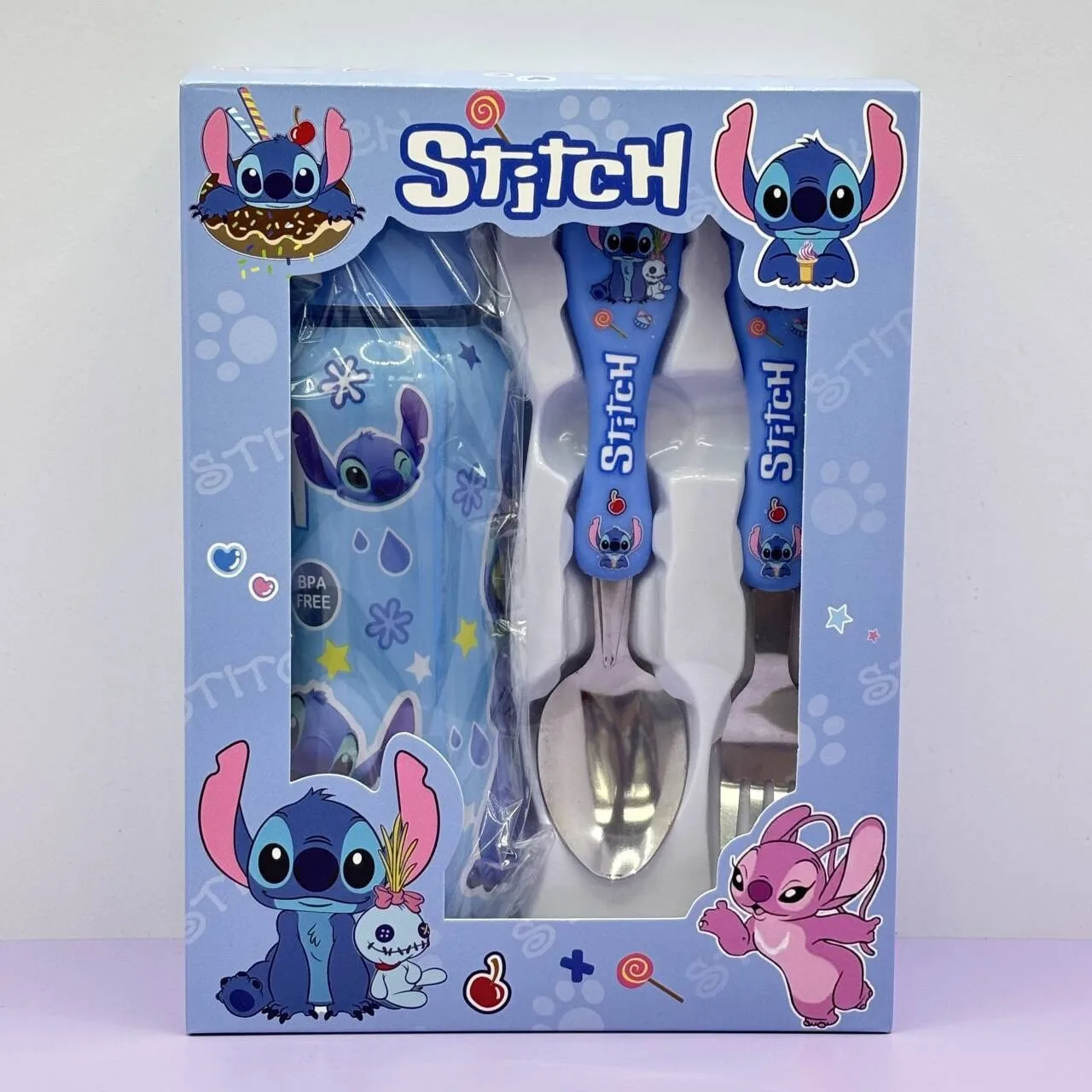 3-delige set Disney-Anime Stitch waterflesset voor kinderen, draagbaar servies, cartoon kinderlepel, vork, buiten, cadeau,