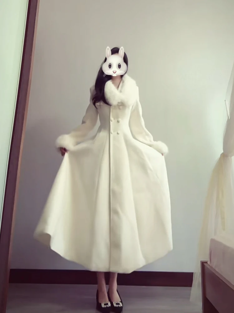 

Ele Long Double-Breasted Woolen Coat Women's Winter Slimming Waist-Cinching Faionable French Sle Thiened Polyester