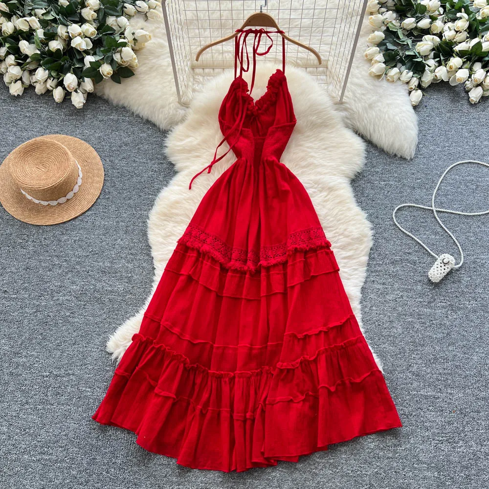 Chic vintage backless halter senza maniche Elegante fata moda coreana Boho Sundress abbigliamento donna