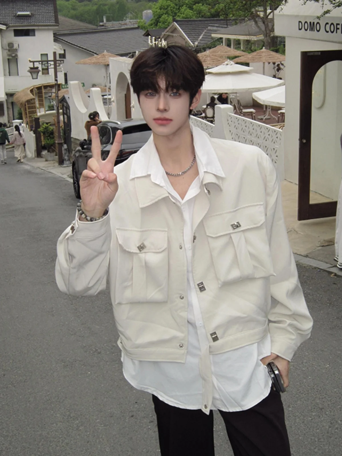 

Khaki ort Men's Pilot Jaet Baroque Workwear Biker Sle Metal Decorations Youthful Trendy Autumn Outerwear