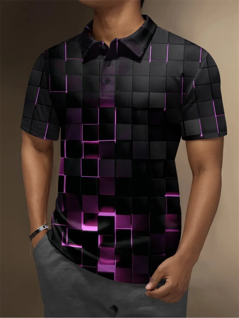 2025 Men's T-shirt Fashion Casual Home Polo Shirt 3D Abstract Magma Flame Print Men's Street Lapel Button Polo Short Sleeve Tops