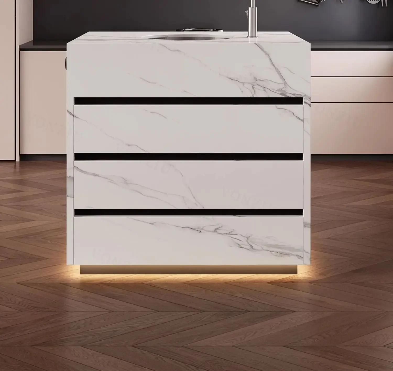 Light luxury rock slab separate mid-island table integrated kitchen restaurant bar table