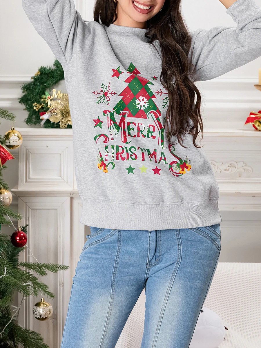 Women Cute Sweatshirts Christmas Tree Letter Print Long Sleeve Pullovers Casual Fall Workout Tops Autumn Streetwear