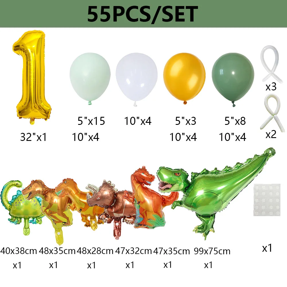 55Pcs 1 2 3 Years Dinosaur Birthday Party Dino Balloons Set First Bthday Boy Party Kids Baby Shower Jungle Safari Decorations