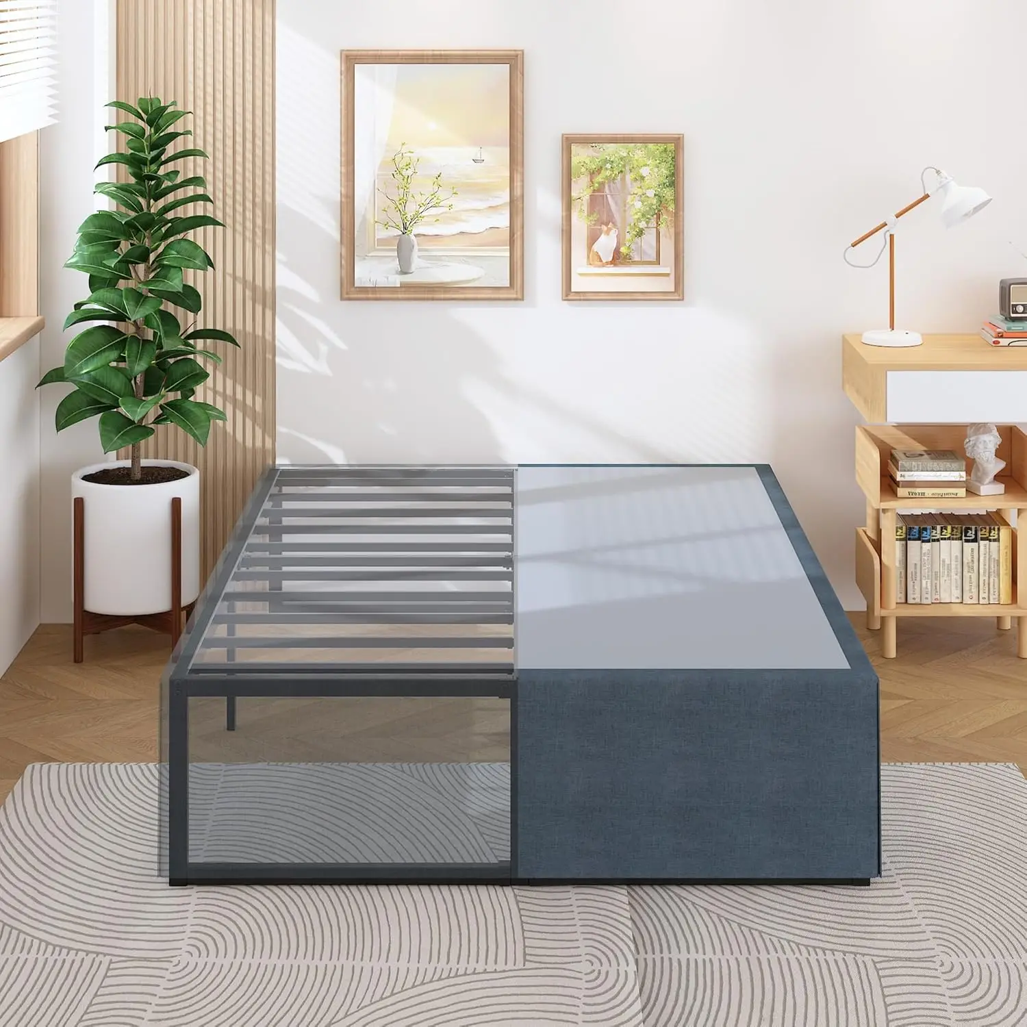 18 Inch King Bed Frame With Storage Bed Cover Skirt, Heavy Duty Metal Full Platform Bed Frame No Box Spring Needed, Easy