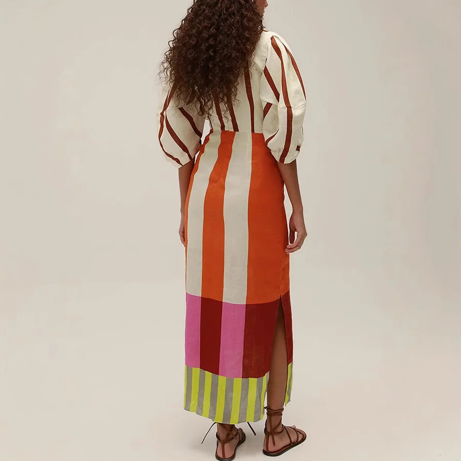 Women Fashion Linen Material  Fashion Chic Print Long Party Dresses Sexy V-neck Hollow Out High Waist Party Dress Lady Robes