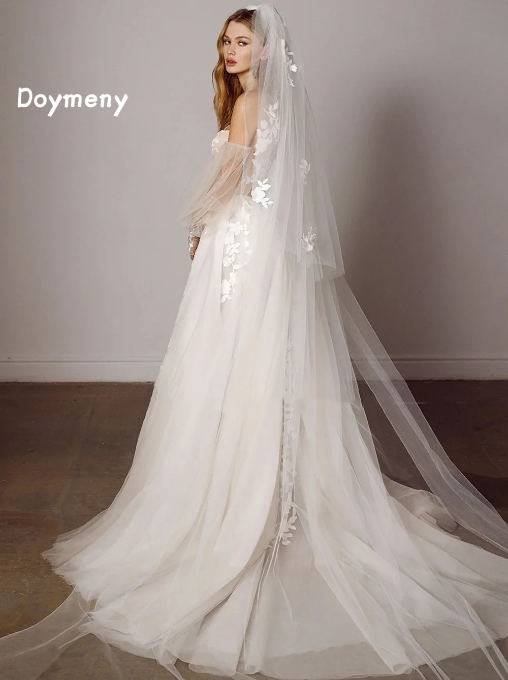 Doymeny Puff Long Sleeves  Bohemia Wedding Dresses Appliques Lace Off Shoulder A-Line Bridal Gowns Beach Boho Wedding Dress