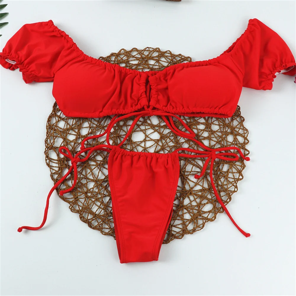 الأحمر Tankini ثونغ نفخة الأكمام بيكيني ملابس السباحة الدانتيل يصل عطلة ملابس النساء مثير مجموعة ثوب السباحة البرازيلي شاطئ الصيف الزي