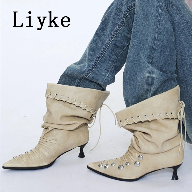 Liyke New Fashion Weave Lace-up Women Fold Pleated Ankle Boots Autumn Winter Thin Low Heels Chelsea Western Ladies Shoes Apricot
