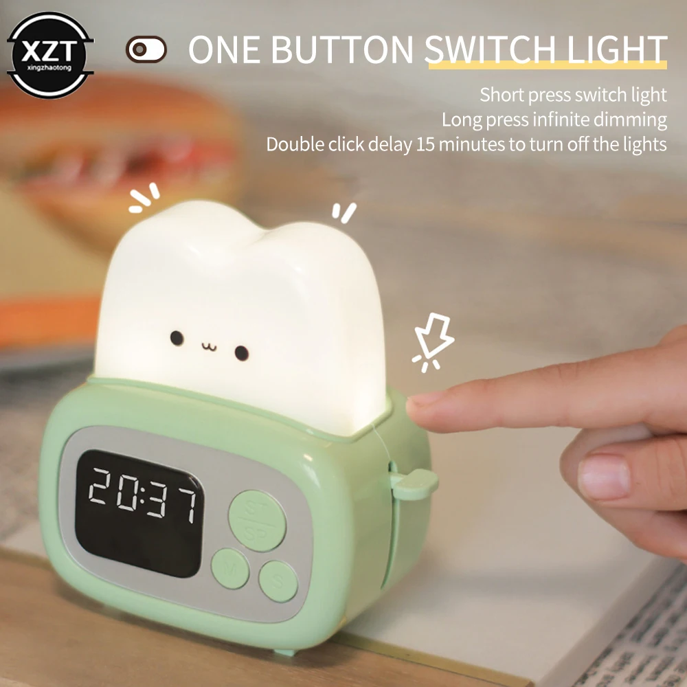 Cute Bread Maker Alarm Clock Sleeping Timing Digital USB Rechargeable Lamp Bedside Table Desk Alarm Clock LED Clock Holiday Gift