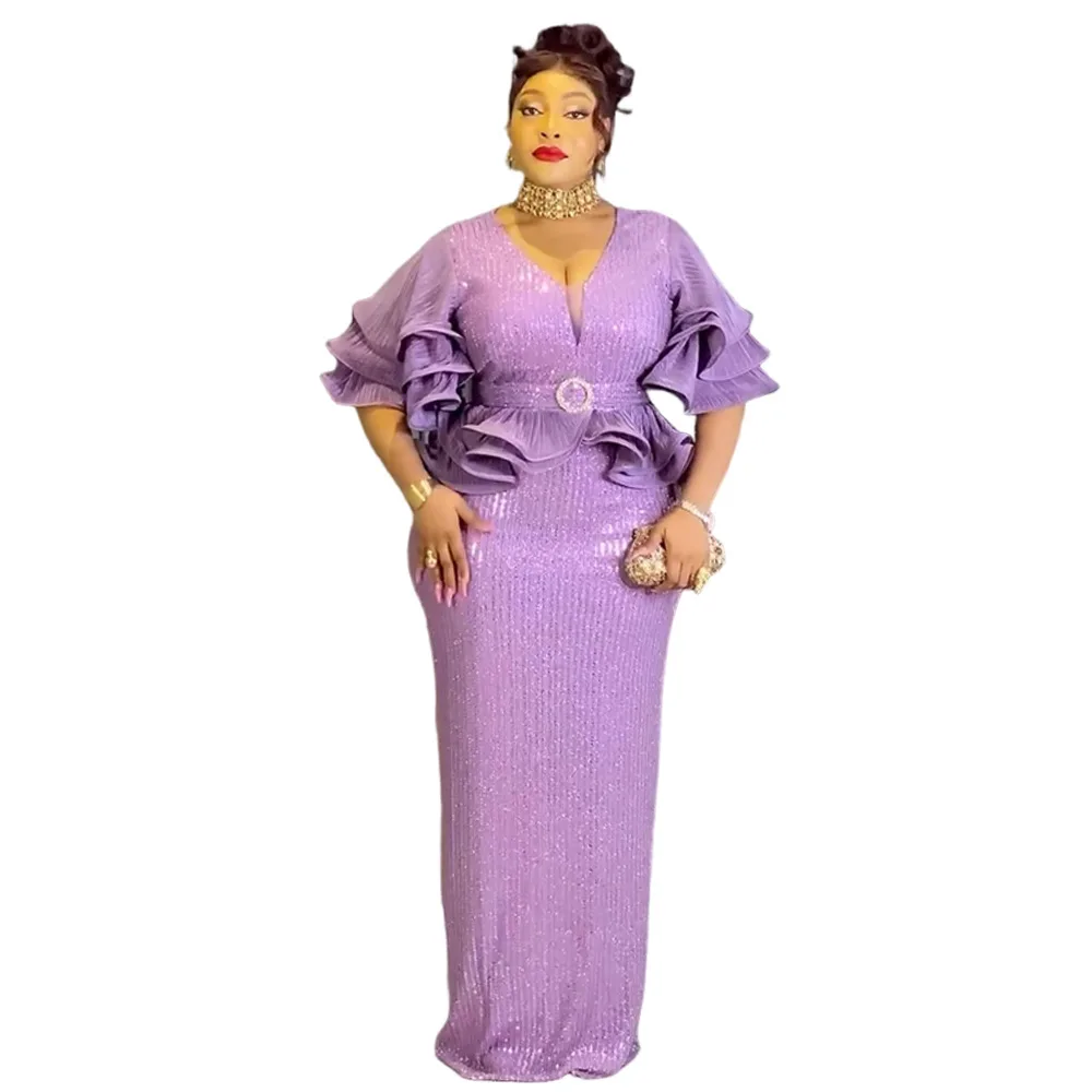 

Sequin Plus Size African Dresses for Women Elegant 2026 Half Sleeve V-neck Polyester Long Bodycon Dress Outfits Africa Clothing