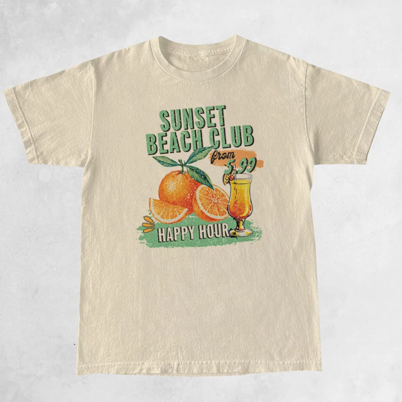 Sunset Beach Club Vintage T-Shirts Women Summer Fashion Loose Vacation T Shirts Grunge Aesthetic Tees Female Retro Tops Clothes