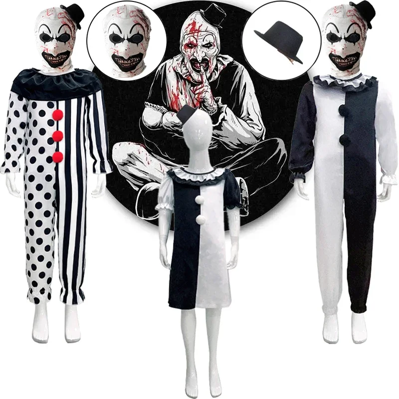 Kids Terrifier Clown Cosplay Costume Terrifier Mask Jumpsuit Halloween Costume Horror Black White Clown Jumpsuits Girls Boys OI7