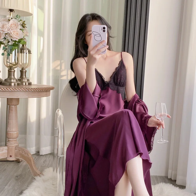 Sexy Lace Bride Wedding Robe&Gown Set Nightgown Ladies 2PCS Kimono Bathrobe Nightdress Nighty Sleepwear Velour Loungewear