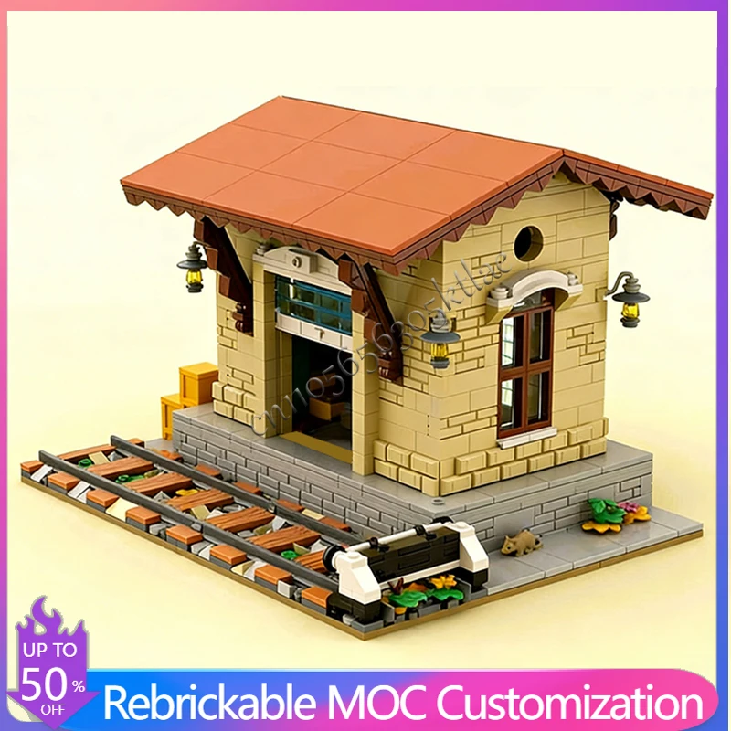 

977 деталей: Модульный конструктор MOC «Улица с домами, железной дорогой и складом», развивающая технологическая модель, игрушка-подарок для самостоятельной сборки