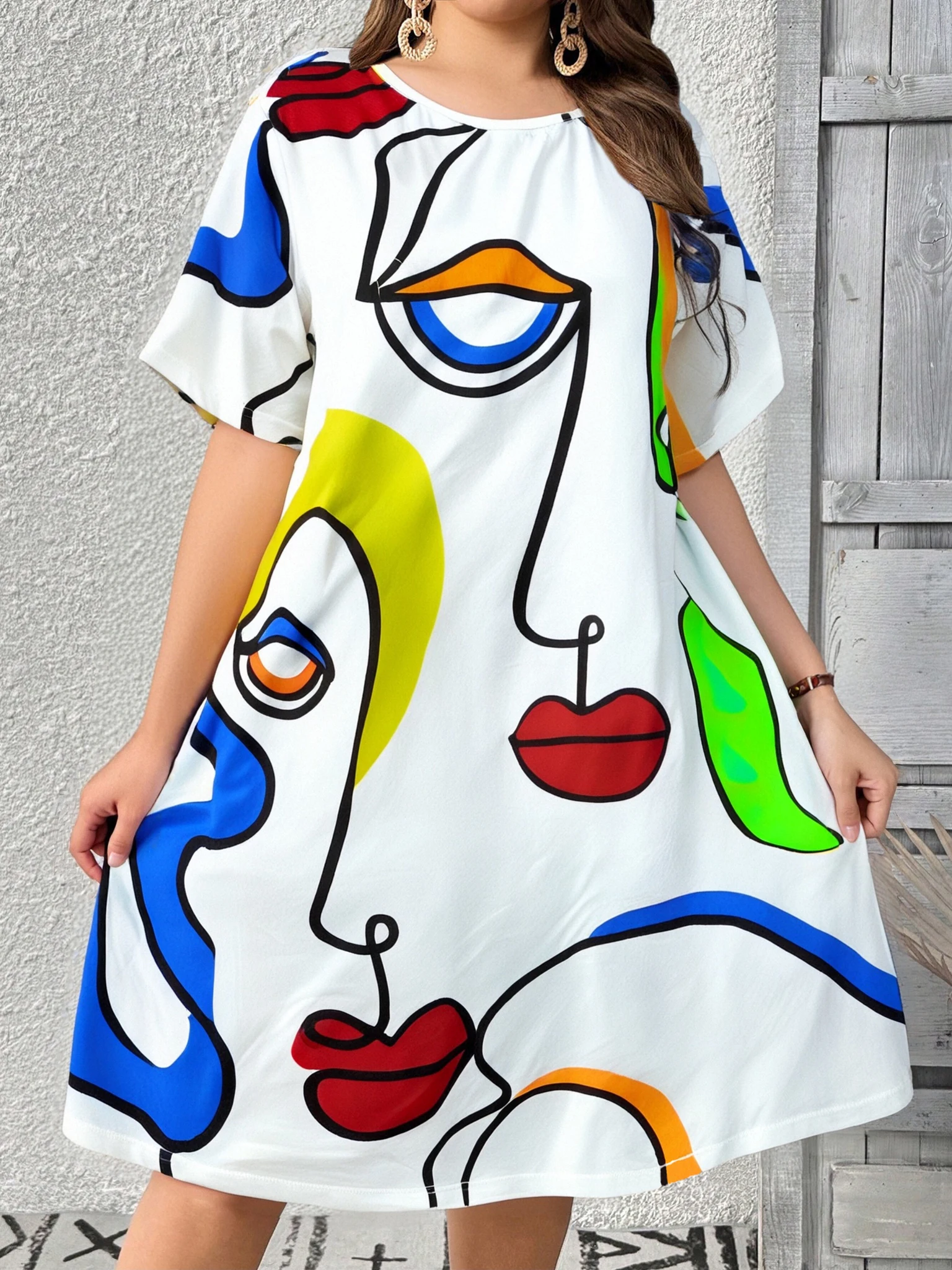 

Повседневное летнее платье макси свободного кроя с круглым вырезом и коротким рукавом, с абстрактным принтом, для женщин больших размеров