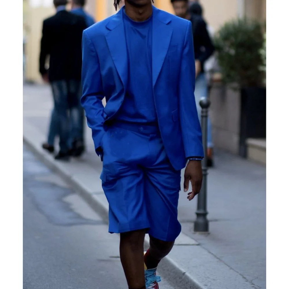 

Classic Blue Men 2 Piecs Suits Blazer Shorts Social Party Summer Chic Daily Wear Business Casual Male Clothing