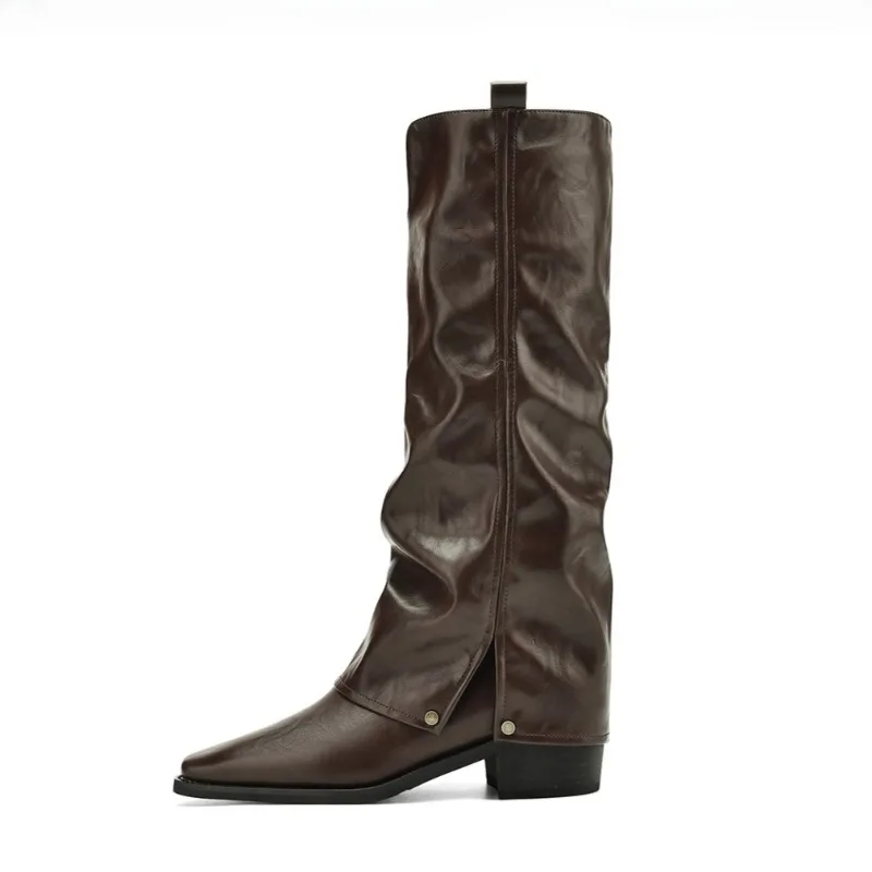 Women Knee-High Boots Height Increasing Retro Rivet Western Cowboy Style Autumn Ladies Shoes Soft Pleated Leather Botas Mujer