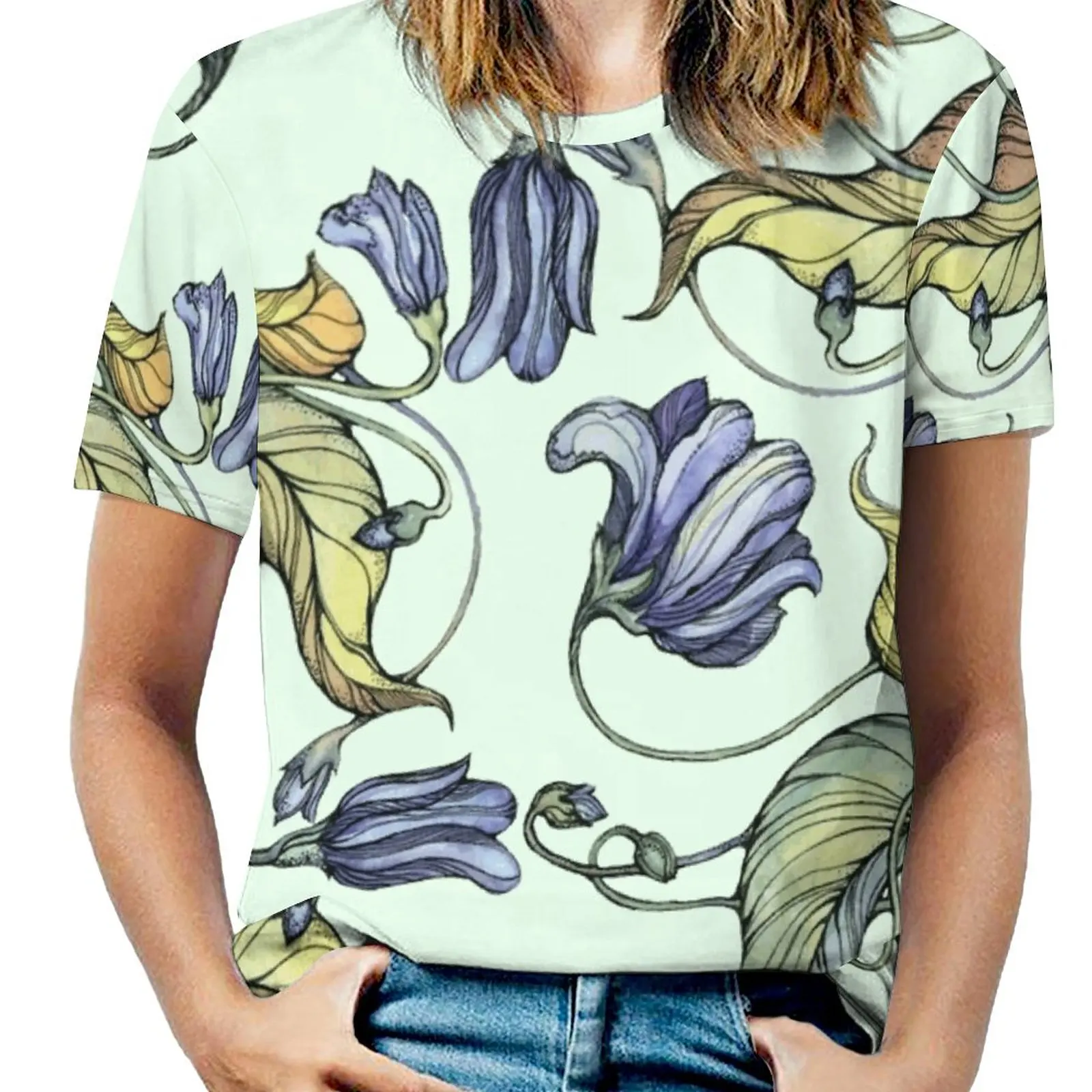 Vintage Floral Pattern Watercolor Drawing Women T-Shirt Crewneck Casual Short Sleeve Tops Summer Tees Ink Pen Abstraction Black