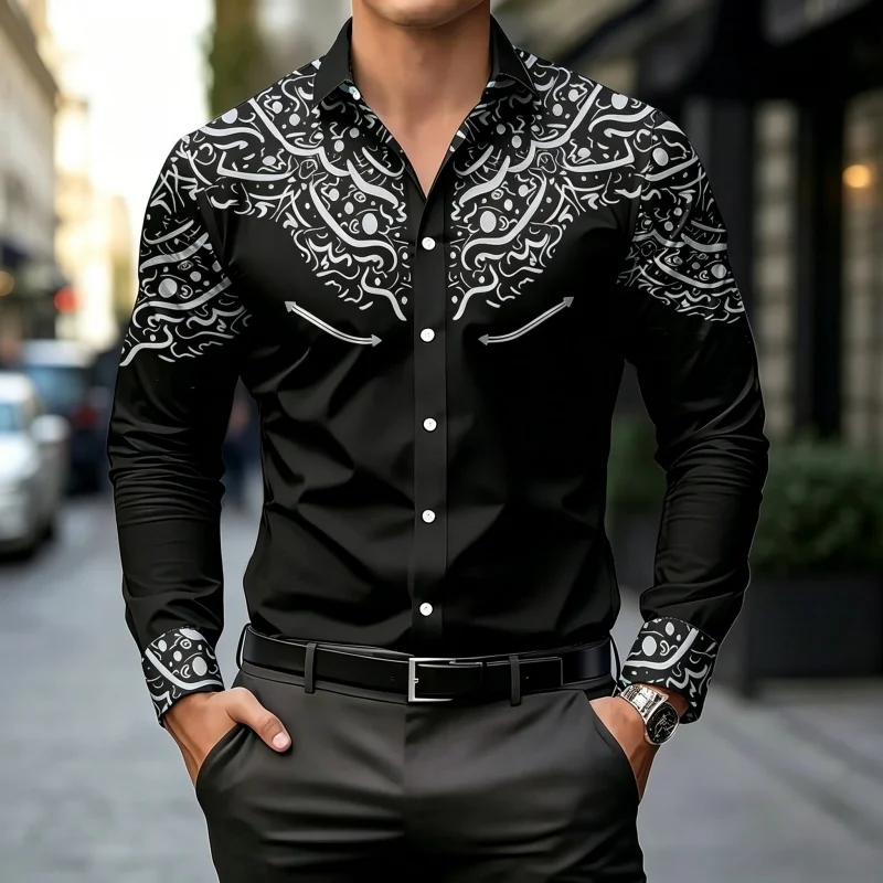 

2026 new black and white contrasting print design men's shirt slim fit European and American trend versatile casual business top