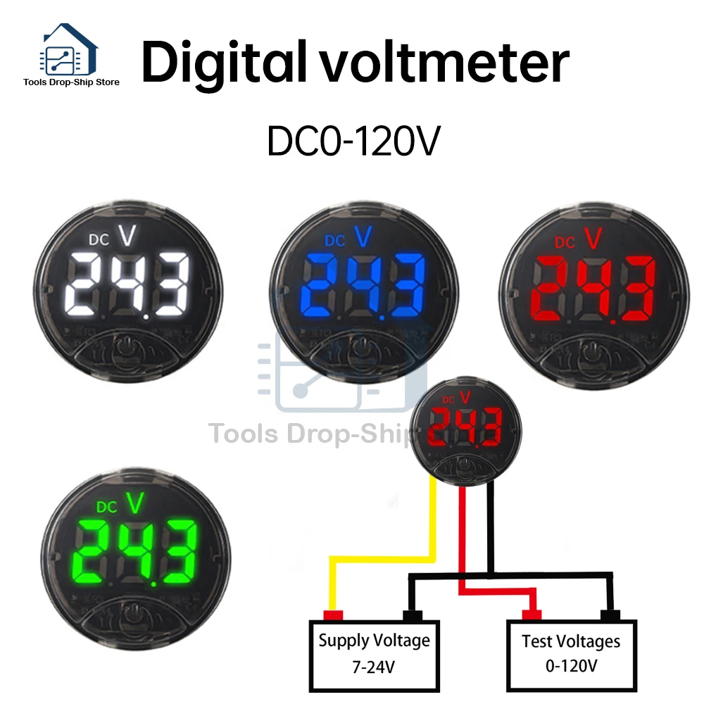 DC 7-120V LED Digital Display Circular 3-wire Voltmeter DC Digital Voltmeter Head Display Reverse Connection Protection Tools