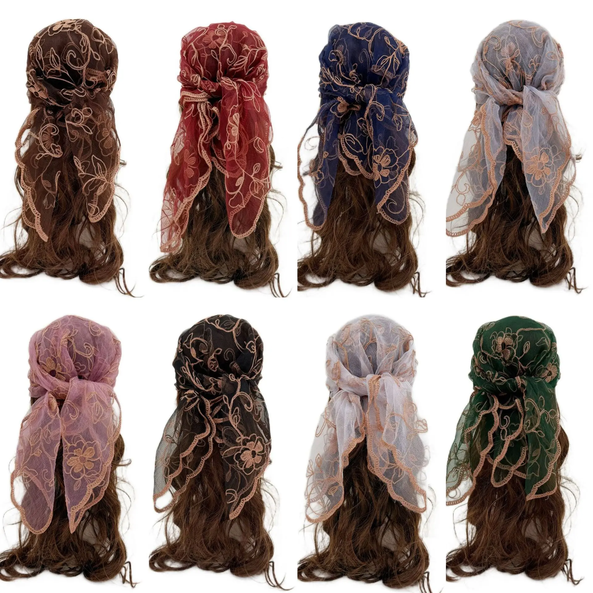 Vintage Lace Head Scarf for Women, Spring Autumn Versatile Turban Wrap, Ethnic Hair Bandana Sun Protection Shawl, Bohemian Retro