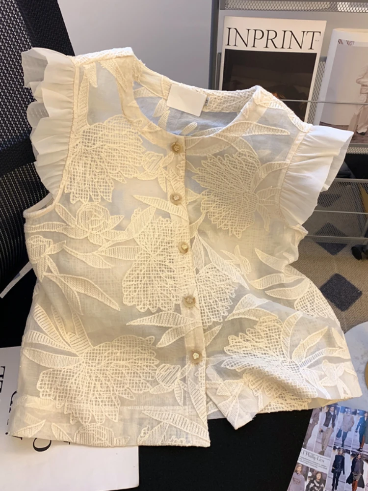 Women's French Jacquard Chiffon Shirt Female Office Lace Top 2024 Summer Sexy Micro-Transparent Flying Sleeve Elegant Vest Tide