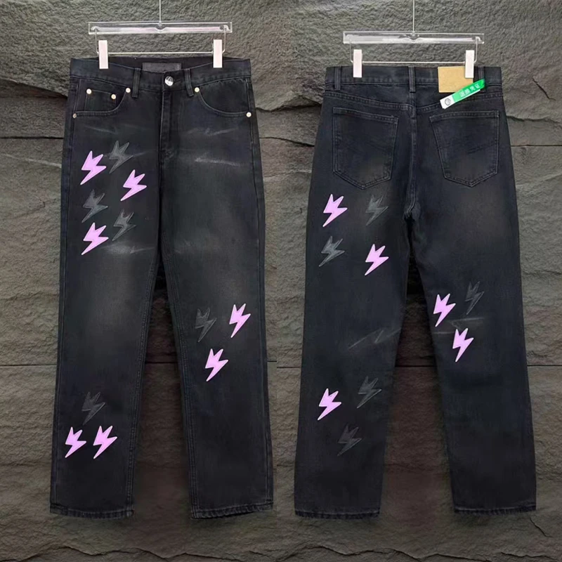 

Niche Brand Patchwork Lightning Logo Design Casual Straight Pants Retro Wash Black Fashionable Men Women Jeans